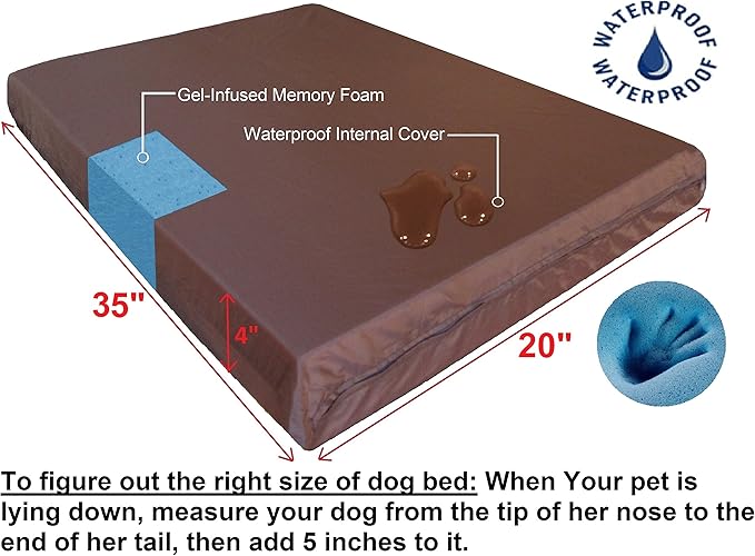 Dogbed4less Orthopedic Small Medium Gel Memory Foam Pet Bed with Washable Denim Cover, Waterproof Liner and Extra External Case 35X20X4 Inch-PawvioPets