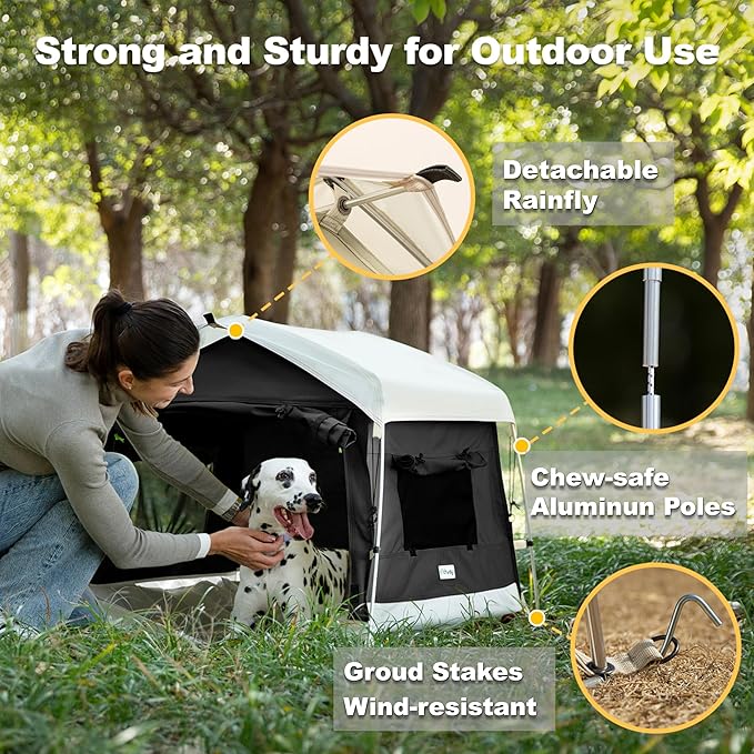 Dog Tent Cotton Fabric, Aluminum Poles and Camping Mat, Outdoor Weatherproof, Dog House Outdoor, Breathable with 2 Side Windows, Portable and Collapsible (Black, Large)-PawvioPets