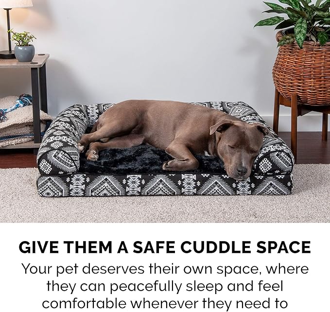 Furhaven Orthopedic Dog Bed for Large/Medium Dogs w/ Removable Bolsters & Washable Cover, For Dogs Up to 55 lbs - Plush & Southwest Kilim Woven Decor Sofa - Black Medallion, Large-PawvioPets