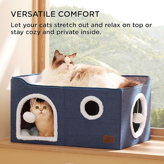 Bedsure Large Cat Beds for Indoor Cats - Extra Wide Cat Cube House for Small Pet with Fluffy Ball Hanging and Scratch Pad, Foldable Pet Cave Hideaway for Multiple Cats, 23.6x16.9x13 inches, Blue-PawvioPets