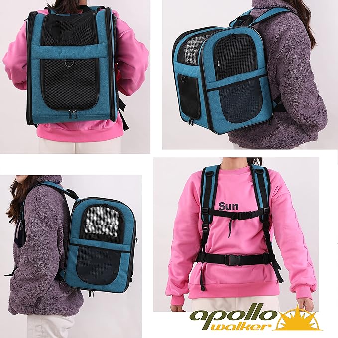 Apollo Walker Dog & Cat Carrier Backpack for 4-15lb Pets - Ventilated Safe Design with Padded Back Support, Breathable Mesh Pet Backpack for Hiking, Travel, Outdoor (Teal)-PawvioPets