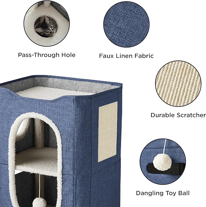 Bedsure 2 Story Cat House - Cat Condos for Indoor Cats with Scratch Pad and Fluffy Ball Hanging, Small Pet Cave Furniture Hideaway for Multi Pets, 18x14x23 inches, Blue-PawvioPets