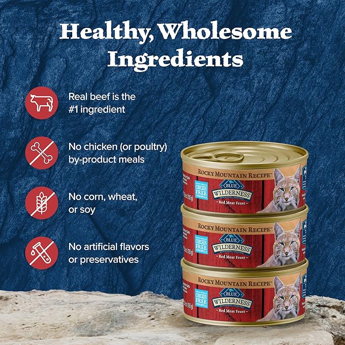 Blue Buffalo Wilderness Rocky Mountain Recipe Adult Wet Cat Food Paté, Chicken-Free & Grain-Free Recipe, Made with Natural Ingredients, Red Meat Feast, 5.5-oz. Cans (24 Count)-PawvioPets