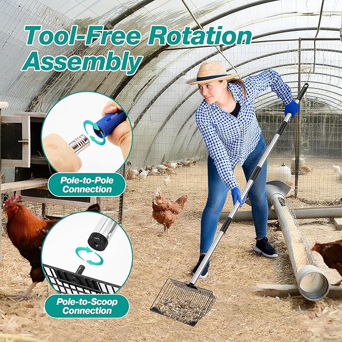 Adjustable Chicken Poop Scooper, Heavy Duty Stainless Steel Chicken Rake with 3-Slot Pole, Multi-Use Pet Waste Shovel & Hay Scooper - 36"/50"/64" Length-PawvioPets