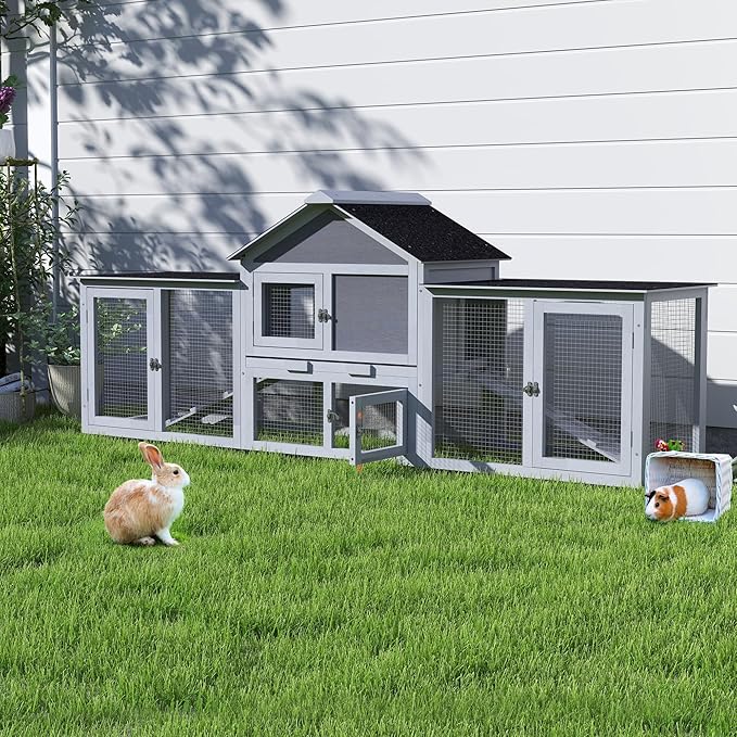 82.5” Large Wooden Rabbit Hutch Outdoor Easy to Assemble Rabbit Cage and Durable Bunny Hutch Indoor with Cleaning Tray & Waterproof Roof for Small and Medium Bunny Rabbit Chick (Grey)-PawvioPets