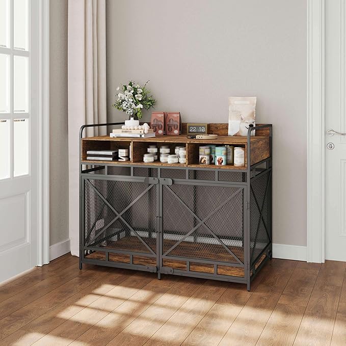 Dog Crate Furniture, 48" Heavy Duty Wooden Dog Crate End Table, XL Dog Kennel Furniture Large Breed, Decorative Dog Kennel Indoor with 3 Drawers & Steel Tubes 48" L x28 W x38 H (Rustic Brown)-PawvioPets