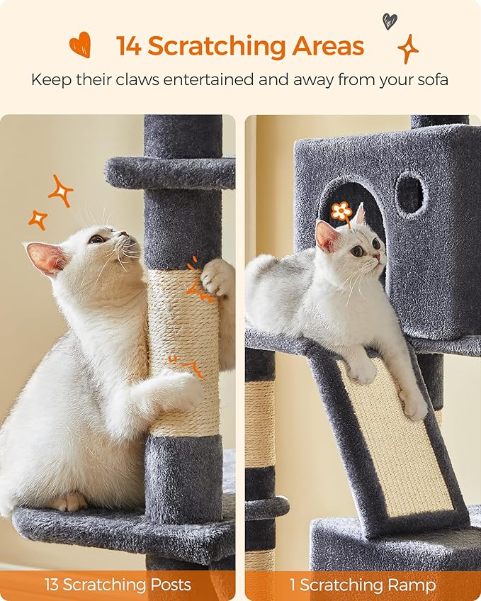 Feandrea Cat Tree, 81.1-Inch Large Cat Tower with 13 Scratching Posts, 2 Perches, 2 Caves, Basket, Hammock, Pompoms, Multi-Level Plush Cat Condo for Indoor Cats, Smoky Gray UPCT190G01-PawvioPets