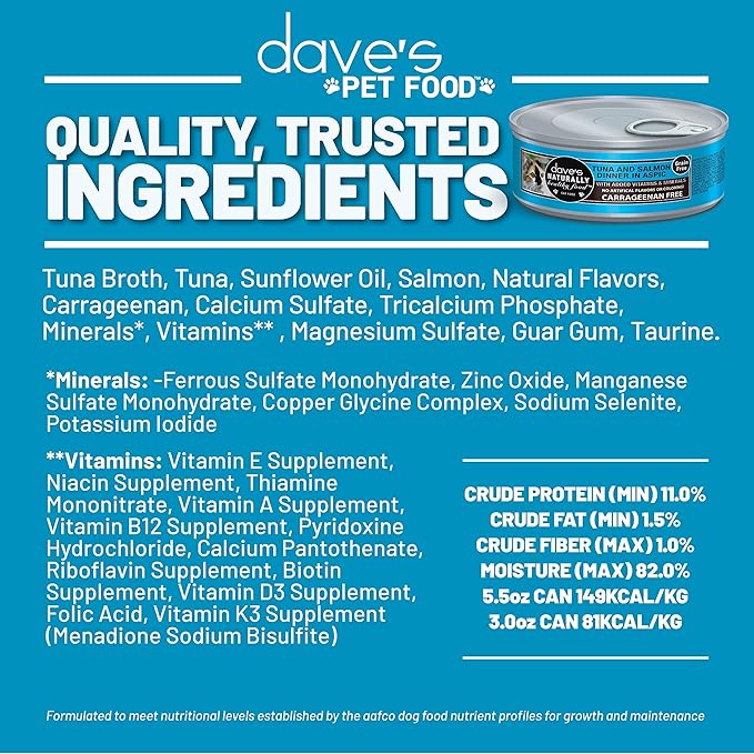 Dave's Pet Food Grain Free Wet Cat Food (Tuna & Salmon in Aspic), Naturally Healthy Canned, Added Vitamins & Minerals, Wheat & Gluten-Free, 3 oz (24 Pack)-PawvioPets