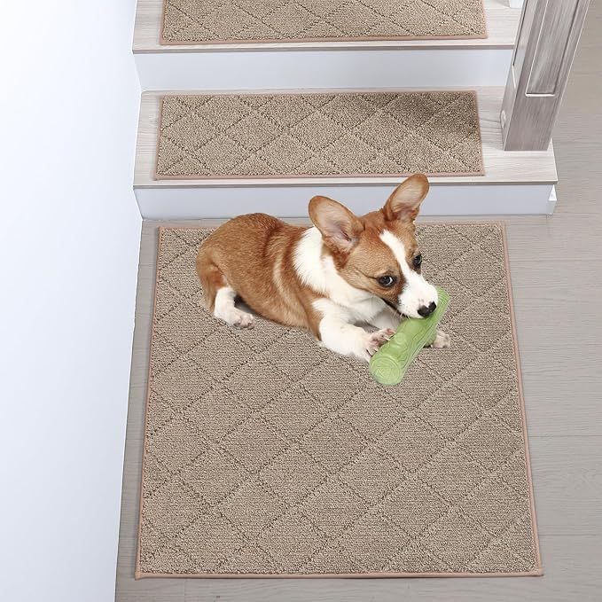 COSY HOMEER Edging Stair Treads Non-Slip Corner Indoor Stair Runners for Wooden Steps,Landing Slip Resistant Stair Rugs Mat for Kids and Dogs,100% Polyester TPE Backing,Beige,30x30 inch-PawvioPets