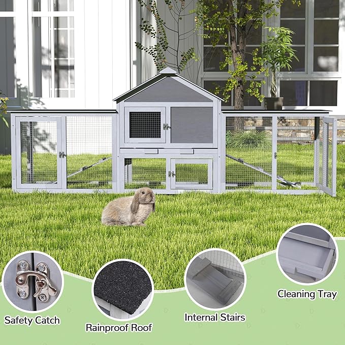 82.5” Large Wooden Rabbit Hutch Outdoor Easy to Assemble Rabbit Cage and Durable Bunny Hutch Indoor with Cleaning Tray & Waterproof Roof for Small and Medium Bunny Rabbit Chick (Grey)-PawvioPets