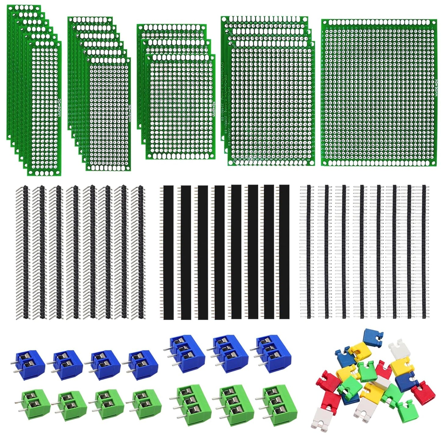 82 Piece Double Sided PCB Board Kit with 5 Sizes,40Pin 2.54mm Male & Female Header Connectors - Ideal for DIY Soldering,Electronic Projects, Arduino Kits,and Circuit Prototyping