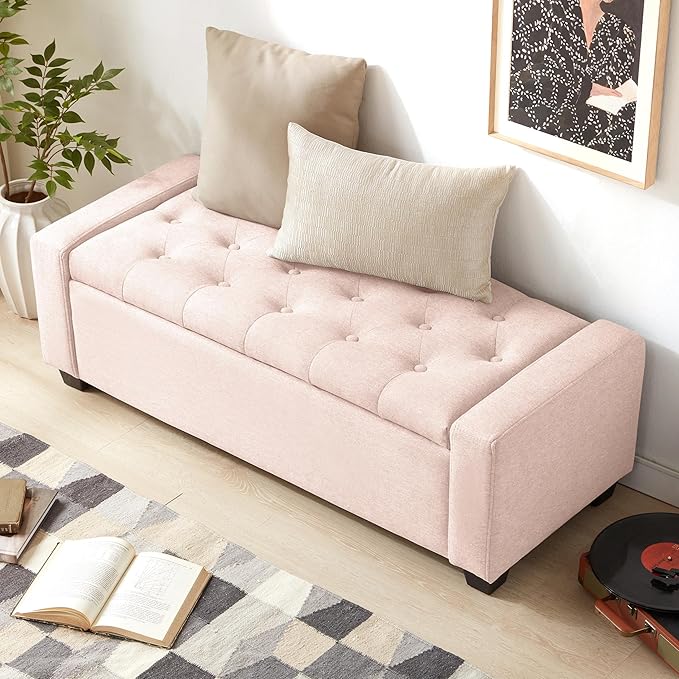 48" Ottoman with Storage, Pink Storage Ottoman Bench with Safety Hinge, Upholstered Entryway Bench with Seating for Bedroom, Living Room, Holds up to 330 lb-PawvioPets