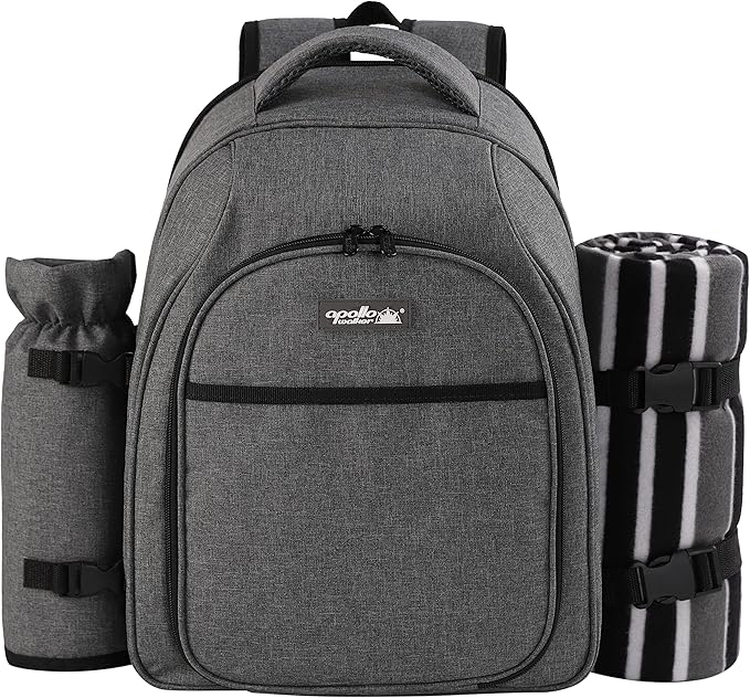 apollo walker Picnic Backpack Bag for 2 Person with Cooler Compartment, Detachable Bottle/Wine Holder, Fleece Blanket, Plates and Cutlery Set (2Person,Grey)-PawvioPets