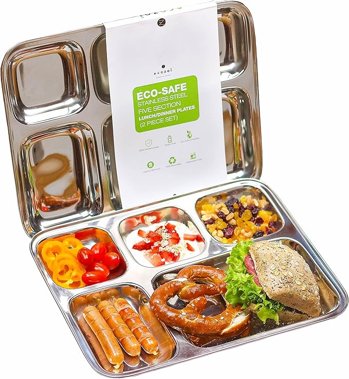 Extra Large Premium Stainless Steel Dinner Plates, 5 Compartments, Set of 2 | Eco Friendly Dinnerwear for Camping, Portion Control, Meal Prep, Lunch, and Party-PawvioPets