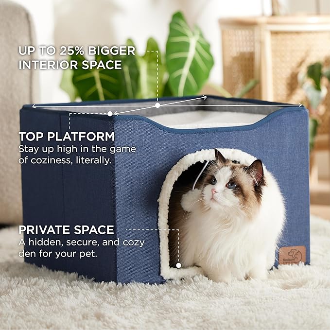 Bedsure Cat Beds for Indoor Cats - Large Cat Cave for Pet Cat House with Fluffy Ball Hanging and Scratch Pad, Foldable Cat Hideaway, 16.5x16.5x13 inches, Blue-PawvioPets