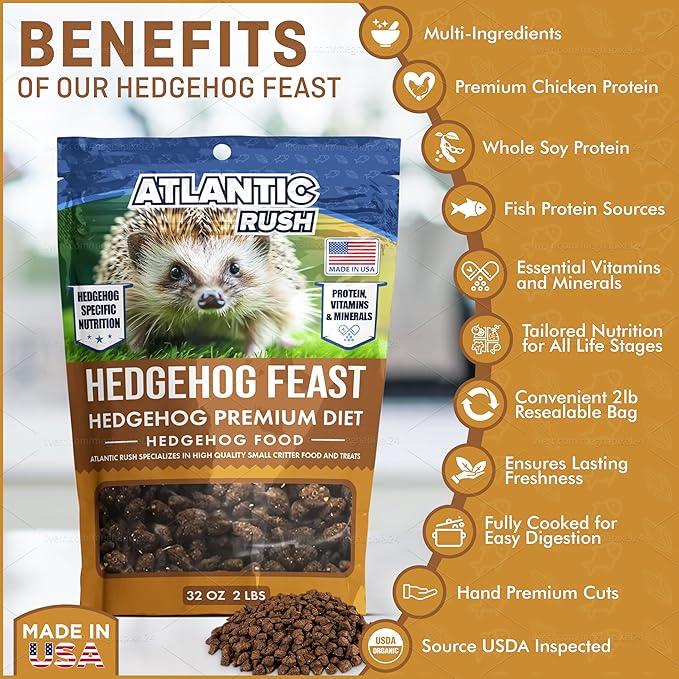 Atlantic Rush Hedgehog Feast Premium Food - 2lb Resealable Bag of Hedge Hog Delite- Small Critter Supplies Hedge Hog Food - Hedgehog Treats- Sourced & Made in The USA-PawvioPets