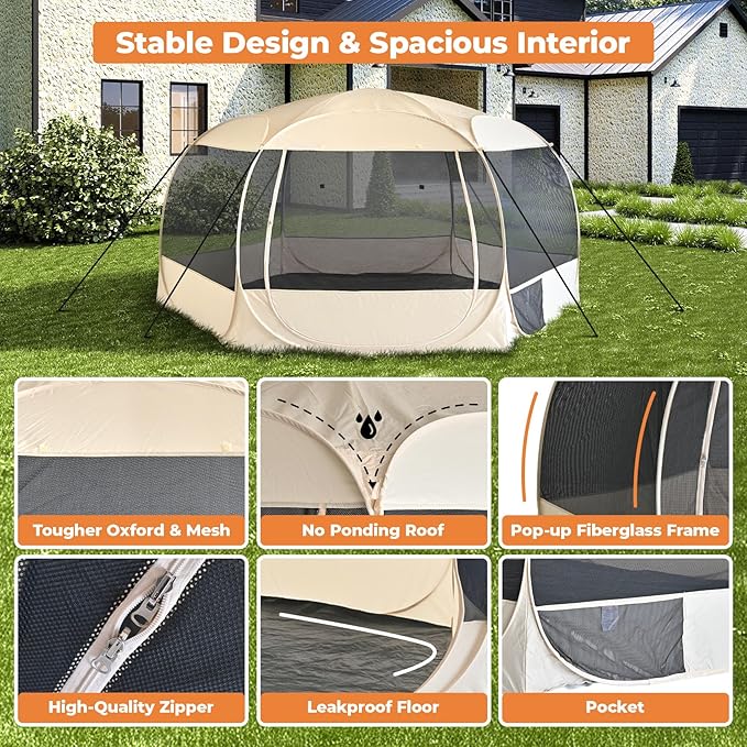 EighteenTek XXLarge Popup Portable Dog Houses, 10'x4.8'H Assembly-Free Gazebo-Style Dog Cot Cat Playpen Screen Pet Tent Sun Shade Shelter Dog Bed with Canopy for Outdoor Anti-Bugs with Leakproof Floor-PawvioPets