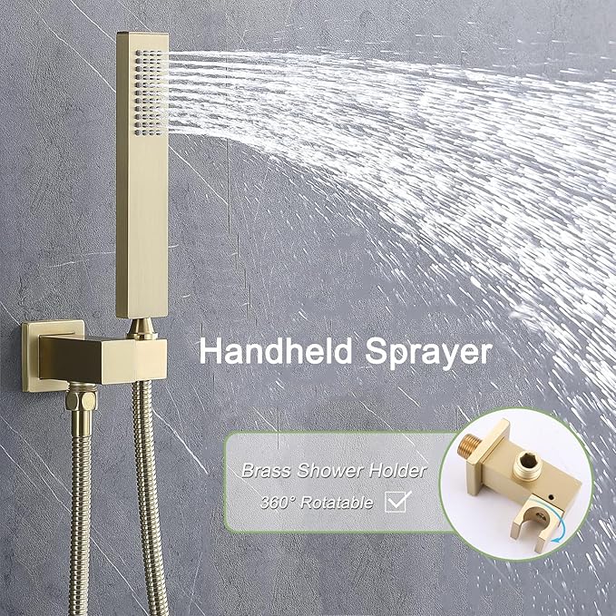 Brushed Gold Shower System Set Temperature Display Push Button Shower Faucet with 12 inch and 8 inch Wall Mount Full Body Shower Head and Handheld Shower-PawvioPets
