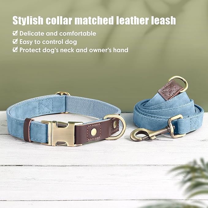 Didog Soft PU Leather Dog Collar for Large Dogs,Classic Adjustable Dog Collars with Quick Release Metal Buckle,Easy Clean and Comfortable with Nylon Lining,Denim Blue,L Neck 15-23"-PawvioPets
