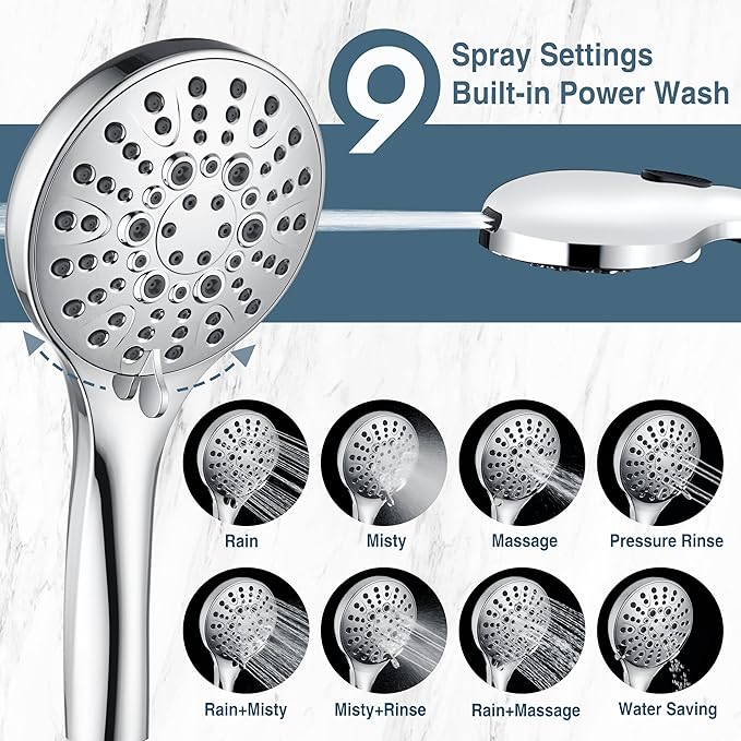 BRIGHT SHOWERS High Pressure Shower Head with Handheld, 9 Spray Settings Showerhead Built in Power Wash to Clean Tub and Pets, Extra Long 69" Hose, Adjustable Bracket, Chrome-PawvioPets