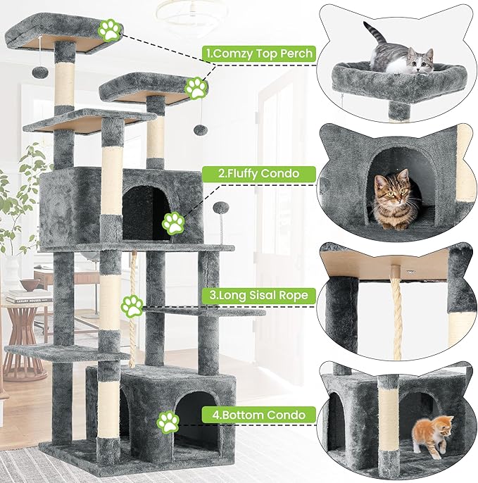 69in Large Cat Tree Tower for Indoor Cats with Soft Plush Hang Ball, Two Condos, Sisal Scratch Posts & Rope Play for Kittens/Adult Cats, Grey-PawvioPets