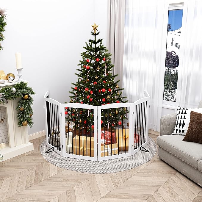 Freestanding Pet Gate for Dogs, Indoor Wooden Foldable Dog Gate for House, Extra Wide, Pet Fence for Stairs, Doorways, Halls, Support Feet Included, 120 Inch Wide, 6 Panels 32",White-PawvioPets