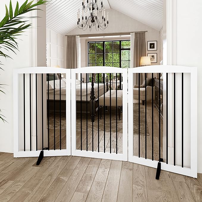 Freestanding Pet Gate for Dogs, Foldable Wooden Dog Gate for House Indoor, Tall Pet Fence for Stair, Doorway,Hall, Support Feet Included, 3 Panels 32",White-PawvioPets