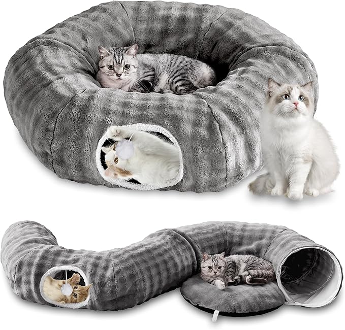 Bubble Cat Tunnel for Indoor Cats, Round Peekaboo Cave Toy with Dangling Balls, Donut Tunnel Bed with Circle Mat for Puppy Kitten Rabbit, Grey-PawvioPets