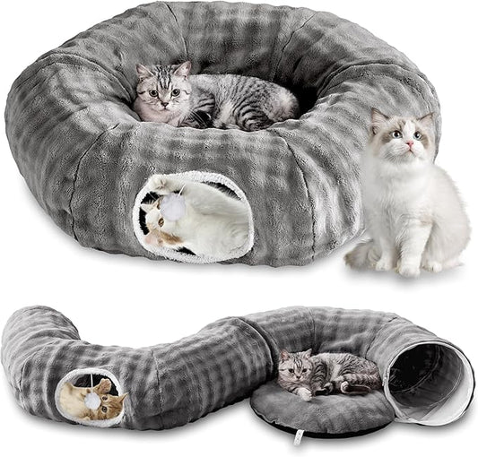 Bubble Cat Tunnel for Indoor Cats, Round Peekaboo Cave Toy with Dangling Balls, Donut Tunnel Bed with Circle Mat for Puppy Kitten Rabbit, Grey-PawvioPets