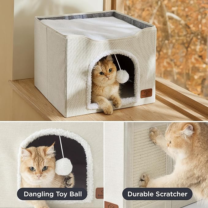 Bedsure Cat Beds for Indoor Cats - Large Cat Cave for Pet Cat House with Fluffy Ball Hanging and Scratch Pad, Foldable Cat Hideaway, 16.5x16.5x13 inches, Ivory-PawvioPets
