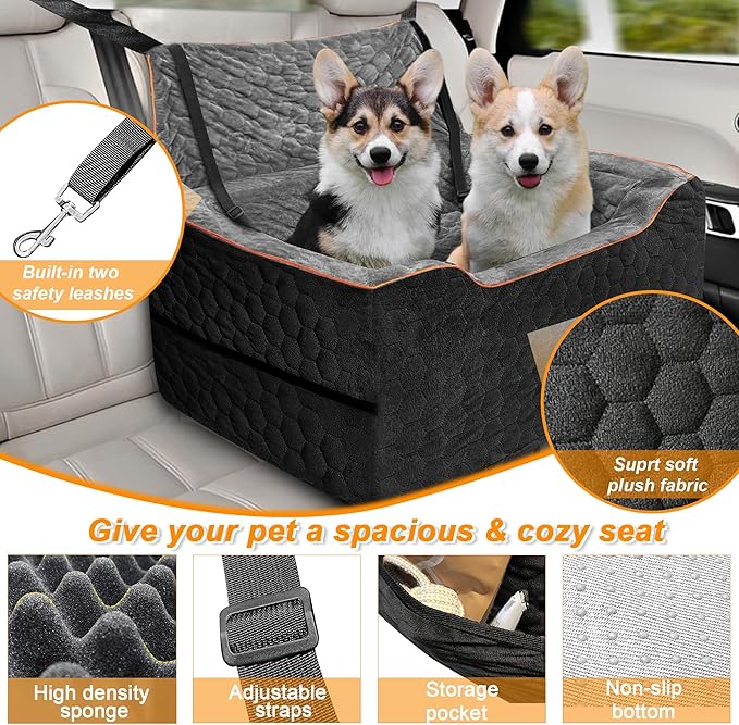 Dog Car Seat for Medium/Large Dog Booster Seat for Dogs Under 60 lbs or 2 Small Dogs, Multi-Functional Pet Car Seat with Thick Cushion, 2 Safety Leashes (BlackGray)-PawvioPets