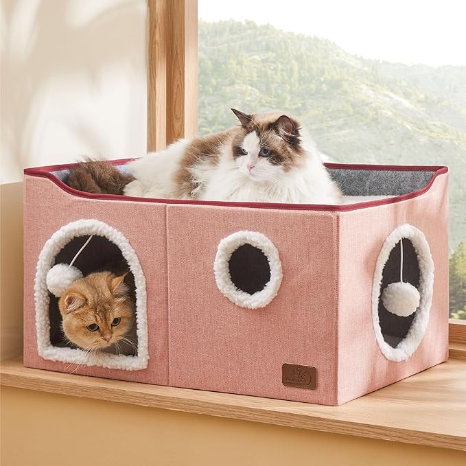 Bedsure Large Cat Beds for Indoor Cats - Extra Wide Cat Cube House for Small Pet with Fluffy Ball Hanging and Scratch Pad, Foldable Pet Cave Hideaway for Multiple Cats, 23.6x16.9x13 inches,Pink-PawvioPets