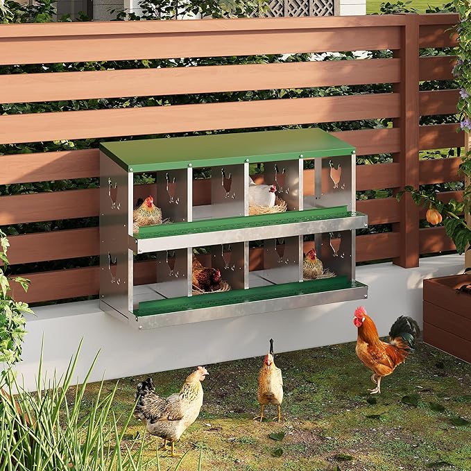 8 Hole Chicken Nesting Box with Roll Out Egg Tray, Rustproof & Ventilated Chicken Laying Boxes for Hens, Chickens, Ducks | Easy-Clean Poultry Coop Accessories-PawvioPets