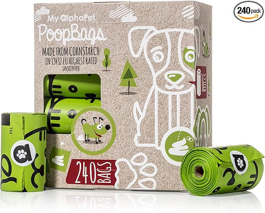 Compostable Dog Poop Bags, Cornstarch Eco-Friendly, HOME COMPOST NF T 51-800, 240 Count, Large Size Bag 9x13 Inches, 16 Unscented Refill Rolls, Leak-proof, Plantbased, GM-Free Corn (Green)-PawvioPets
