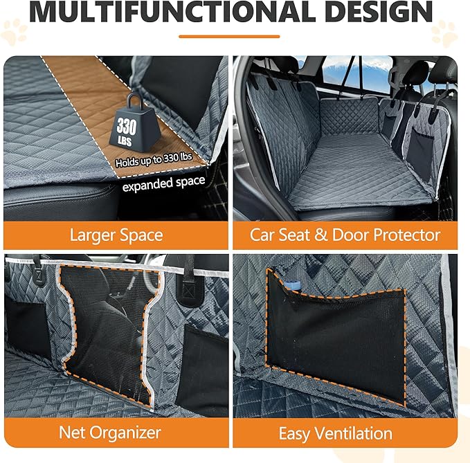 Back Seat Extender for Dog,Waterproof Hard Bottom Dog Car Seat Cover for Back Seat Protector,Foldable Camping Pet Hammock Bed,Easy Clean Travelling Accessories Car SUV Truck (Gray)-PawvioPets