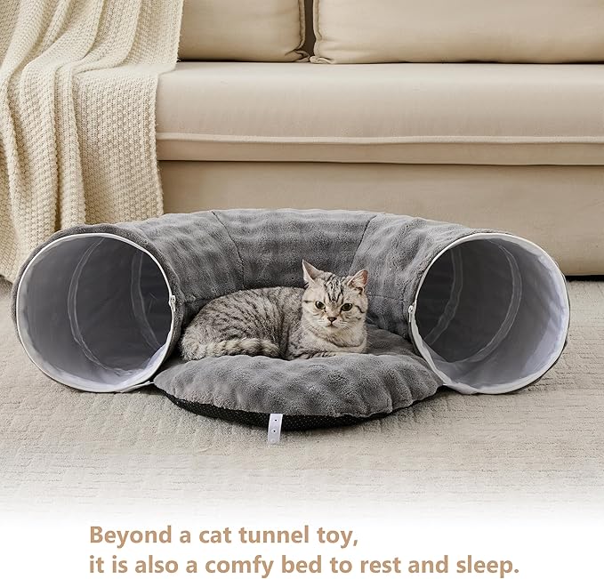 Bubble Cat Tunnel for Indoor Cats, Round Peekaboo Cave Toy with Dangling Balls, Donut Tunnel Bed with Circle Mat for Puppy Kitten Rabbit, Grey-PawvioPets