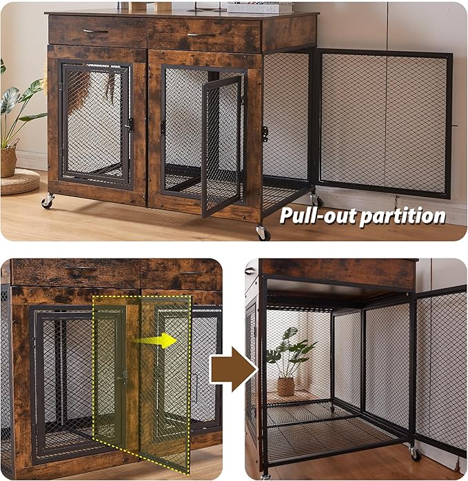 43" Large Dog Crate Furniture, Wood Dog Kennel End Table with Drawers, Decorative Pet Crate with Removable Partitions & Wheels, Dog House Indoor for Large/Medium/Small Dogs-PawvioPets
