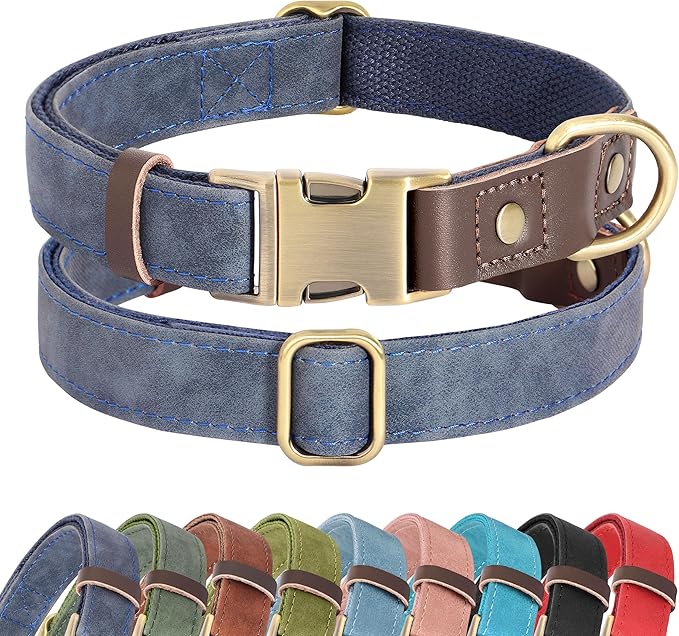 Didog Soft PU Leather Dog Collars for Medium Dogs,Classic Adjustable Dog Collars with Quick Release Metal Buckle,Easy Clean and Comfortable with Nylon Lining,Blue,M Neck 13-19"-PawvioPets