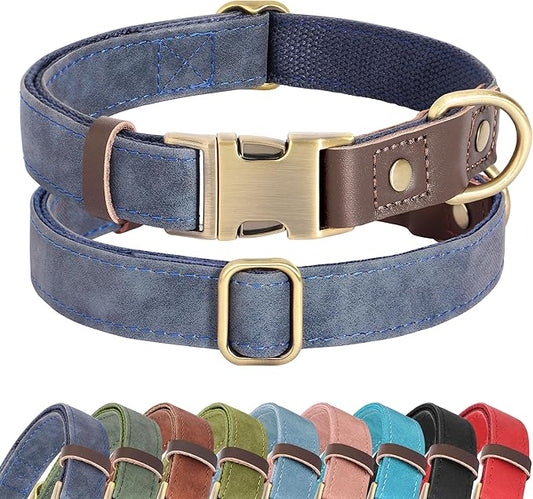 Didog Soft PU Leather Dog Collars for Medium Dogs,Classic Adjustable Dog Collars with Quick Release Metal Buckle,Easy Clean and Comfortable with Nylon Lining,Blue,M Neck 13-19"-PawvioPets
