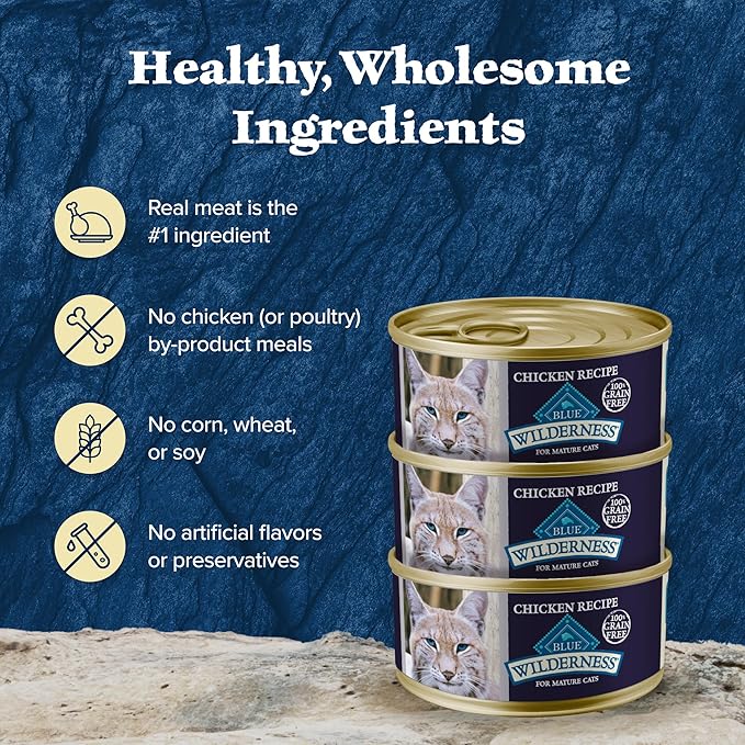 Blue Buffalo Wilderness High-Protein & Grain-Free Wet Cat Food Paté for Adult Cats 7+, Made with Natural Ingredients, Chicken Recipe, 3-oz. Cans (24 Count)-PawvioPets