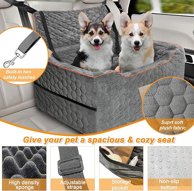 Dog Car Seat for Medium/Large Dog Booster Seat Under 60 lbs or 2 Small Dogs, Multi-Functional Pet Car Seat with Thick Cushion, 2 Safety Leashes (Gray)-PawvioPets