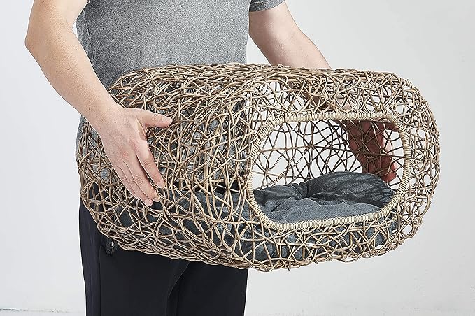 Fun Stackable Cat Condo for Indoor Cats - Interactive Play Faux Rattan Cat House for Indoor Cats Kitty, Pet Friendly Top/Side House Entry, Cat Bed Enclosed-PawvioPets