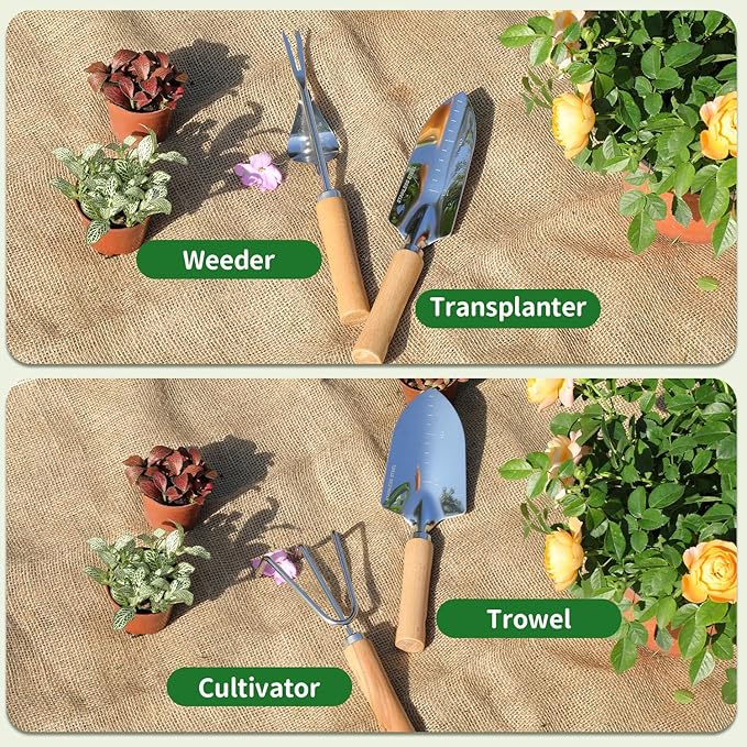 Gardening Tools 10-Piece Heavy Duty Stainless Steel Hand Tools with Durable Garden Tools Storage Tote,Rust-Proof Garden Tool Set, Ideal Gardening Gifts for Women Yellow Floral Pattern Design-PawvioPets