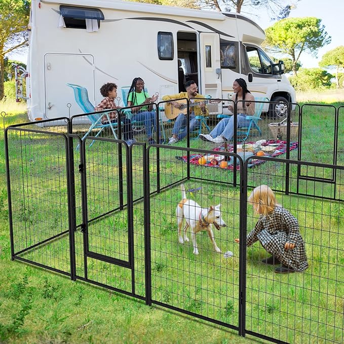 Dog Playpen Outdoor Extra Wide 16 Panels Heavy Duty Dog Fence 50" Height Anti-Rust with Doors Portable for RV Camping Yard, Total 42FT, 140 Sq.ft, Snowy Black-PawvioPets