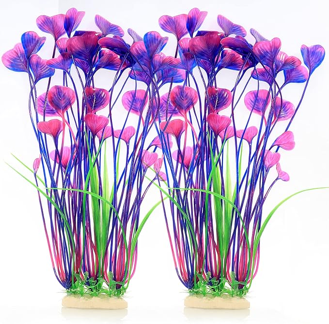 ALEGI Fish Tank Decorations Plastic Plants Large,Aquarium Artificial Plants Decoration Ornament Safe for All Fish-16 inch 2Pcs (Purple 2 pcs)-PawvioPets