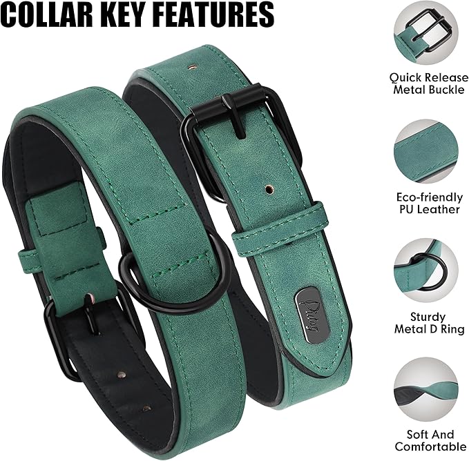 Didog Soft Padded PU Leather Dog Collar, Breathable and Adjustable Dog Collars for Medium Dogs, Comfortable for Daily Walk, Green, L Fit Neck 13-17"(22-44 lbs)-PawvioPets
