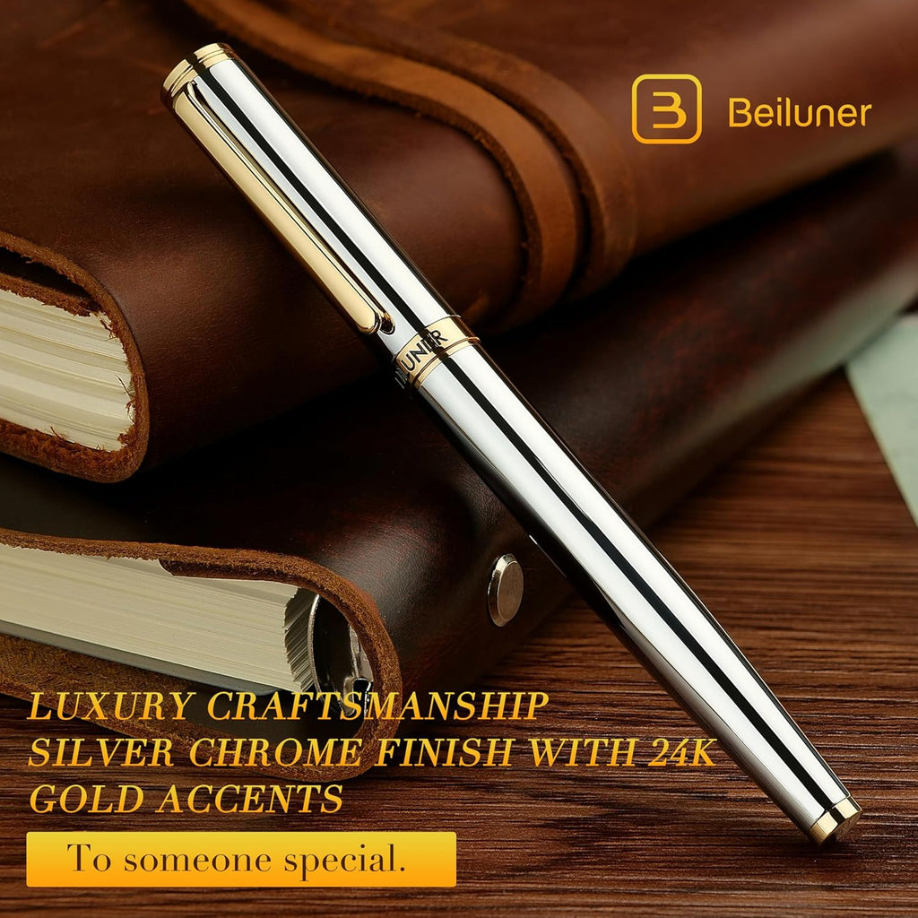 BEILUNER Silver Chrome Fountain Pen,Stunning Luxury with 24K Gold Accents, Gorgeous 24K Gilded Nib(Medium), Fancy Pen Gift for Men&Women -Ink Converter-Elegant, Office,Nice Pen for Writing