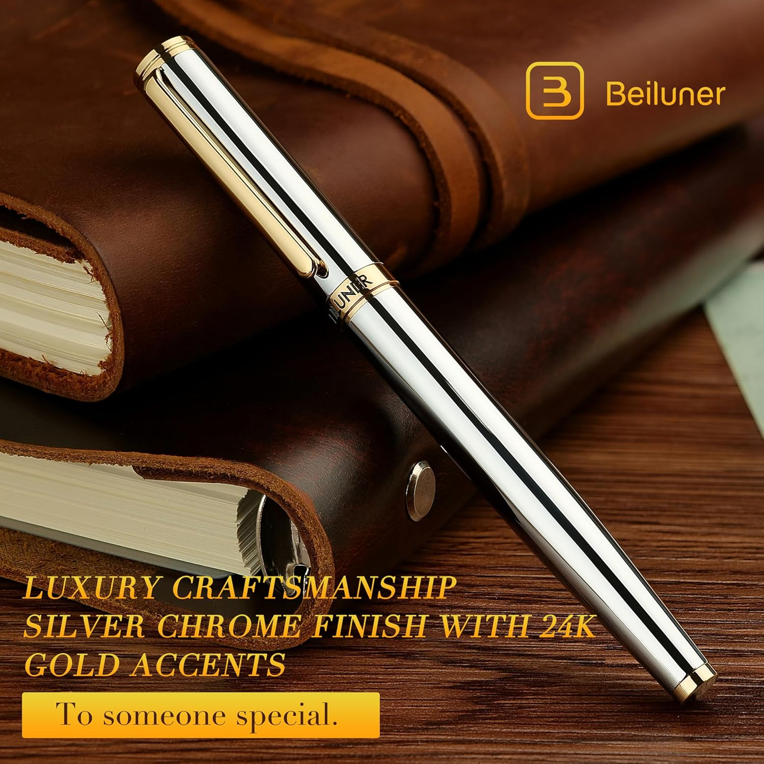 BEILUNER Silver Chrome Fountain Pen,Stunning Luxury with 24K Gold Accents, Gorgeous 24K Gilded Nib(Medium), Fancy Pen Gift for Men&Women -Ink Converter-Elegant, Office,Nice Pen for Writing