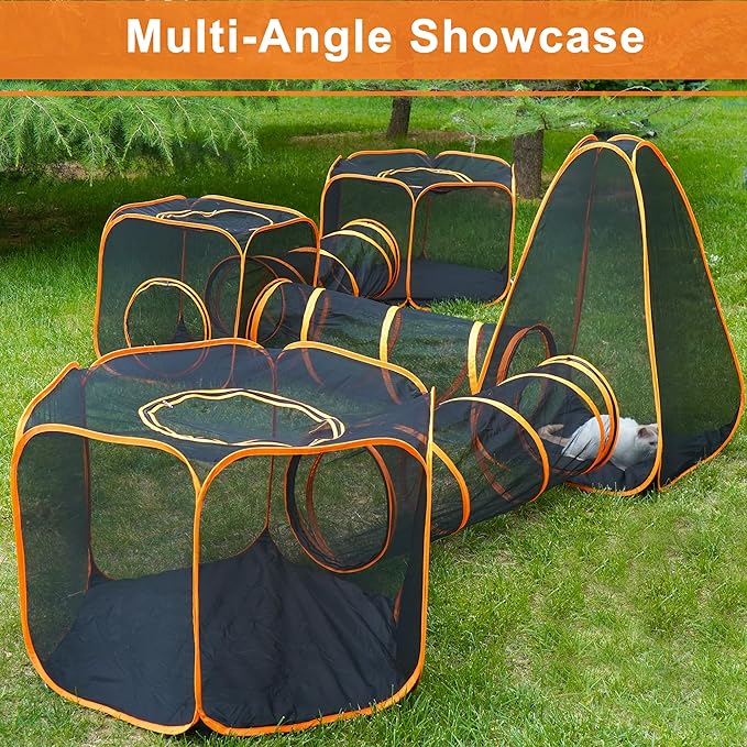 7 in 1 Outdoor Cat Enclosure, Foldable Pop-Up Mesh Playpen Tunnel for Pet Run, Foldable Outside Enclosed Tent Cage for Small Dogs, Rabbit and Other Animals-PawvioPets