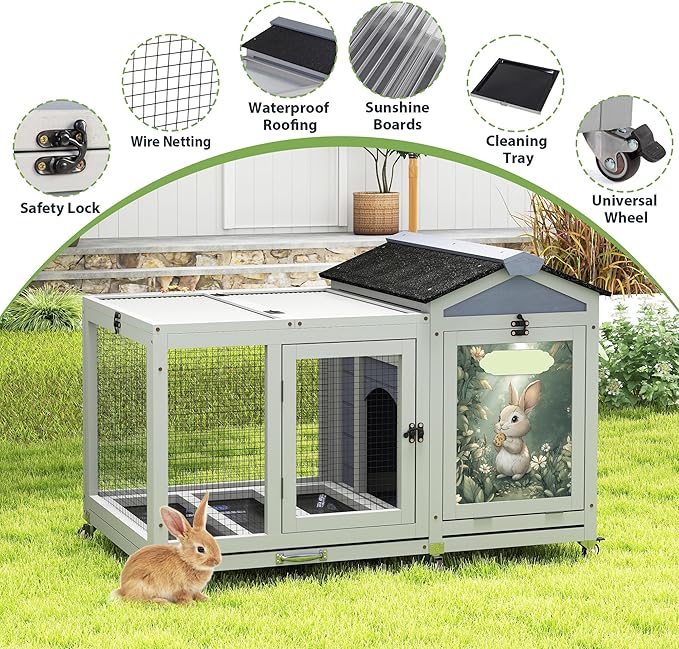 COZIWOW 39inches Assembled Wood Rabbit Hutch Indoor，Wide Space Small Animal Houses with Removable Tray&Safety Lock，Bunny Cage with Waterproof Roof&Solar Panels (Grey with Pattern)-PawvioPets